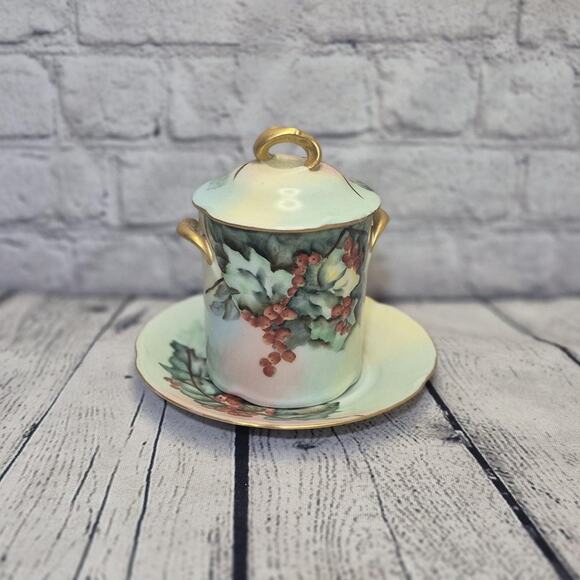 Antique Hand Painted Condensed Milk Jar w Lid and Underplate J&C Louise Bavaria